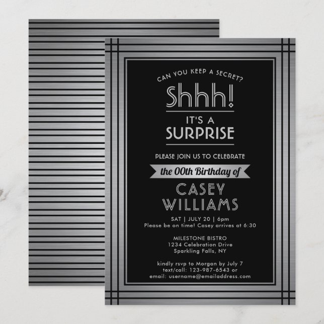 Birthday Surprise Party Shhh! Elegant Black & Grey Invitation (Front/Back)