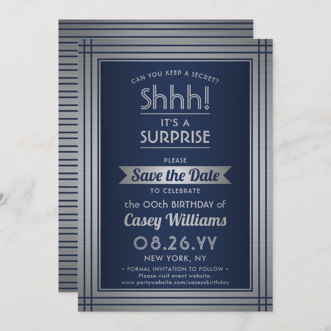Birthday Surprise Party Shhh! Elegant Navy Blue Save The Date (Front/Back)