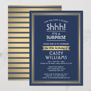 Birthday Surprise Party Shhh! Navy Blue and Gold Invitation