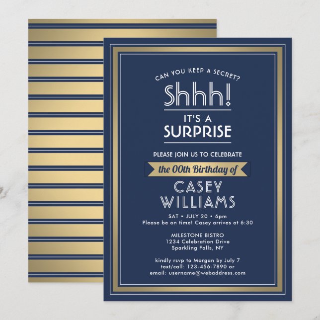 Birthday Surprise Party Shhh! Navy Blue and Gold Invitation (Front/Back)