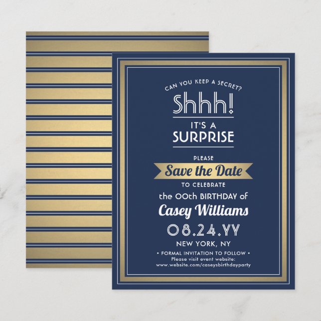Birthday Surprise Party Shhh! Navy Blue and Gold Save The Date (Front/Back)