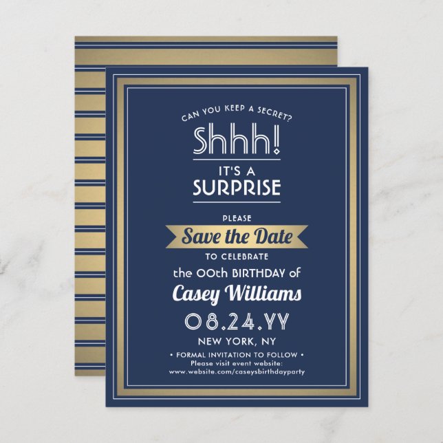 Birthday Surprise Party Shhh! Navy Blue and Gold Save The Date (Front/Back)