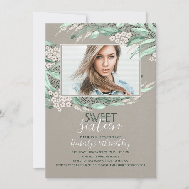 Birthday Sweet 16 | Greenery Birthday Photo Invitation (Front)