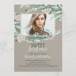 Birthday Sweet 16   Greenery Birthday Photo Invitation