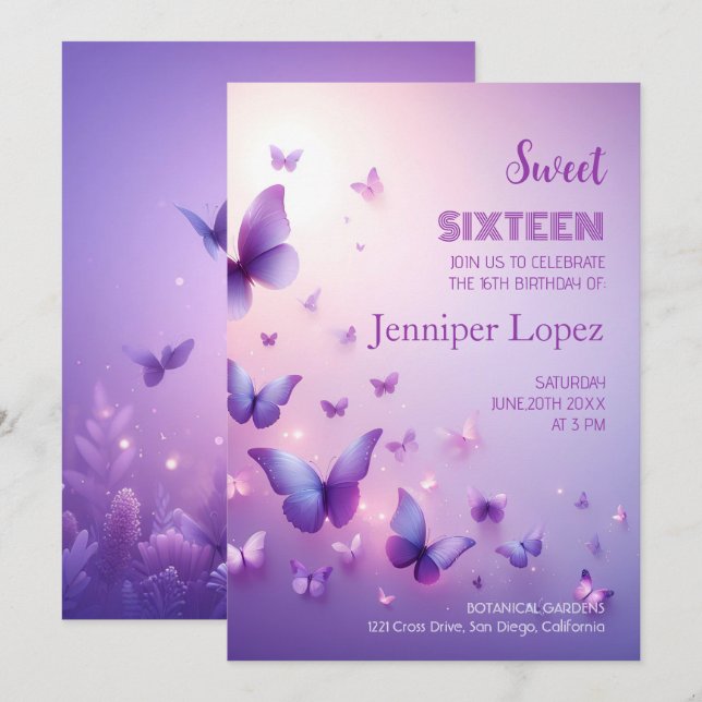Birthday Sweet 16 Invitation - Purple Butterfly (Front/Back)