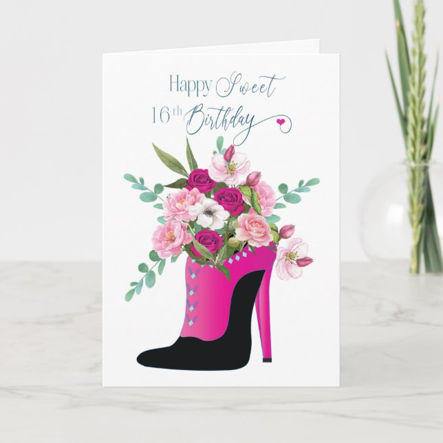 Birthday Sweet 16th Flowers  in High Heel Shoe Car Card (Front)