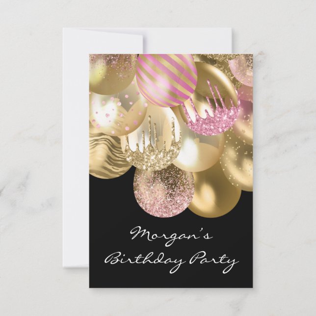 Birthday Sweet 16th  pink gold Ballons black Invitation (Back)