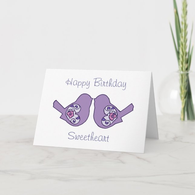 Birthday Sweetheart Love Birds Purple Romantic Card (Front)