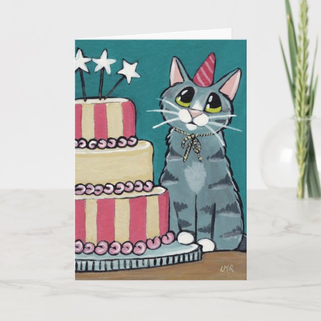 Birthday Tabby Cat and Cake painting Greeting Card (Front)