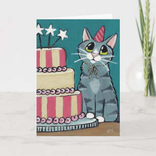 Birthday Tabby Cat and Cake painting Greeting Card