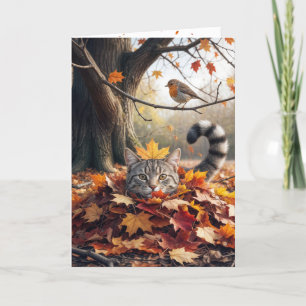 Birthday Tabby Cat In an Autumn Leaf Pile Card