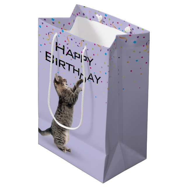 Birthday Tabby Cat with Confetti   Medium Gift Bag (Front Angled)