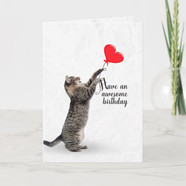Birthday tabby cat with heart balloon card (Front)