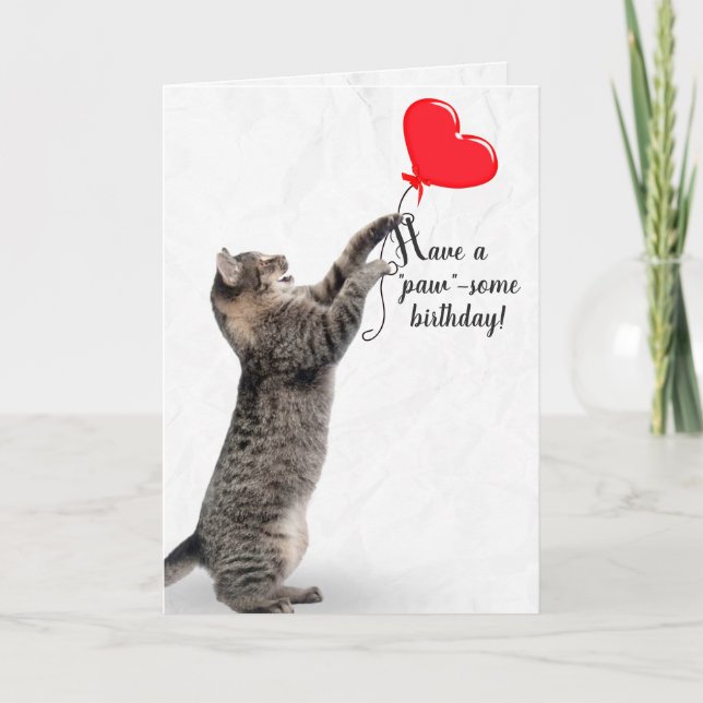 Birthday Tabby Cat with Heart Balloon  Card (Front)