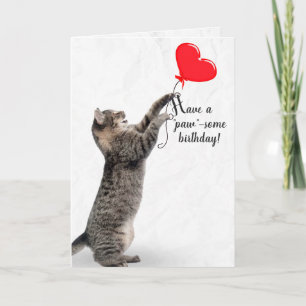 Birthday Tabby Cat with Heart Balloon  Card