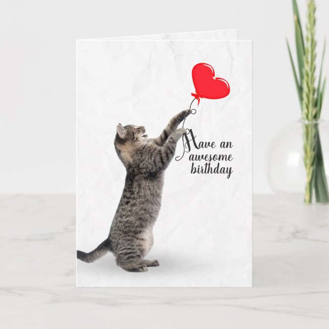 Birthday tabby cat with heart balloon card (Front)