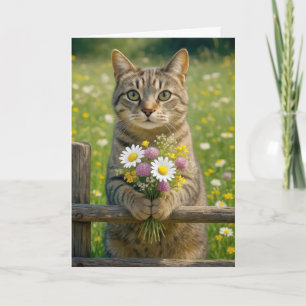 Birthday Tabby Cat With Wildflower Bouquet Card