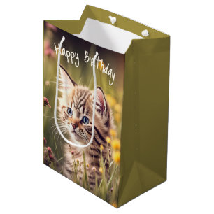 Birthday Tabby Kitten In Wildflowers Medium Gift Bag