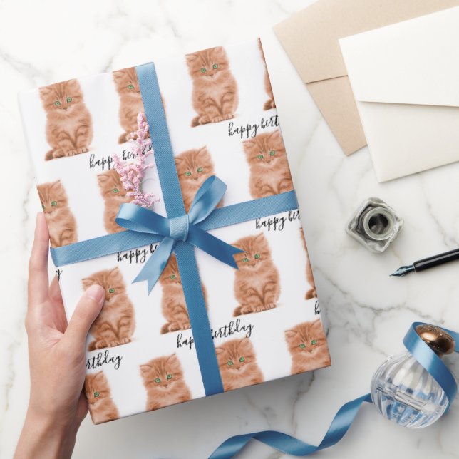 Birthday Tabby Kitten On White Wrapping Paper (Gifting)