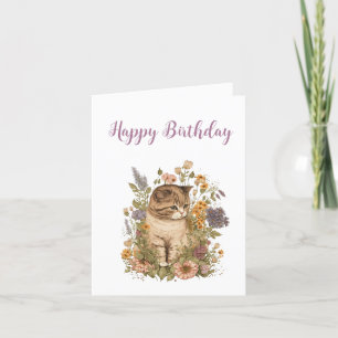Birthday. Tabby Kitten with Flowers. Thank You Card