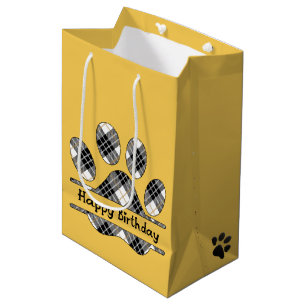 Birthday Tartan Plaid Paw Print On Gold  Medium Gift Bag
