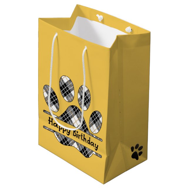 Birthday Tartan Plaid Paw Print On Gold  Medium Gift Bag (Front Angled)