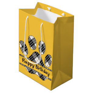 Birthday Tartan Plaid Paw Print On Gold  Medium Gift Bag