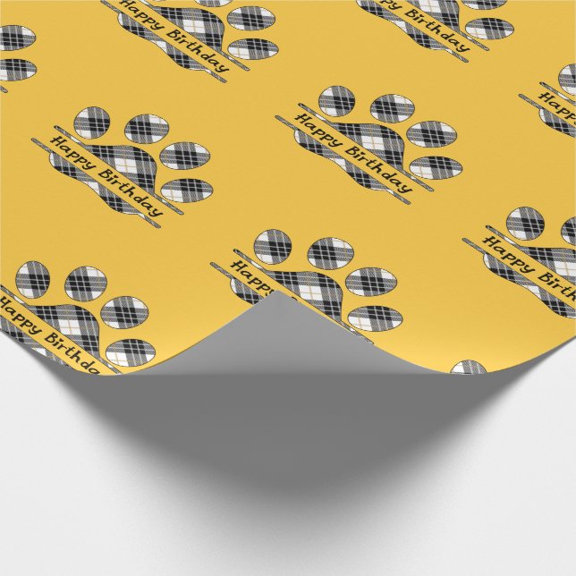 Birthday Tartan Plaid Paw Print On Gold Wrapping Paper (Corner)