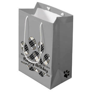 Birthday Tartan Plaid Paw Print On Grey Medium Gift Bag