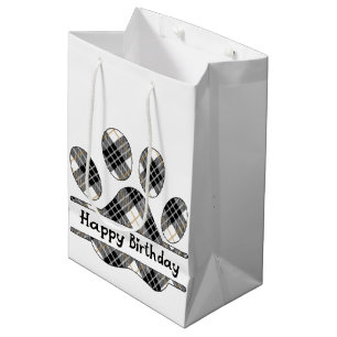 Birthday Tartan Plaid Paw Print On White Medium Gift Bag