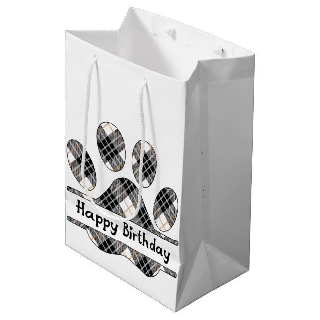 Birthday Tartan Plaid Paw Print On White Medium Gift Bag (Front Angled)