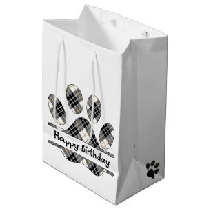 Birthday Tartan Plaid Paw Print On White Medium Gift Bag