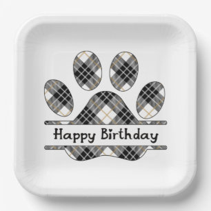 Birthday Tartan Plaid Paw Print On White Paper Plate