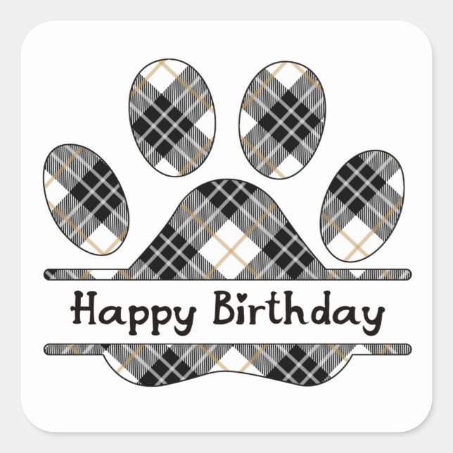 Birthday Tartan Plaid Paw Print On White Square Sticker (Front)