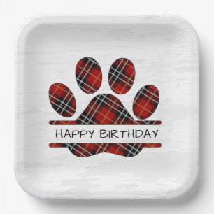 Birthday Tartan Plaid Paw Print Paper Plate