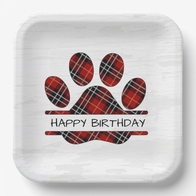 Birthday Tartan Plaid Paw Print Paper Plate (Front)