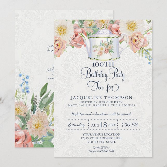 Birthday Tea Dusty Pink Elegant Floral Art Teapot Invitation (Front/Back)