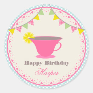 Birthday Tea Party Blue Gingham Classic Round Sticker