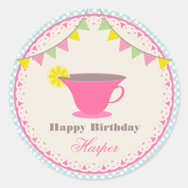 Birthday Tea Party Blue Gingham Classic Round Sticker (Front)