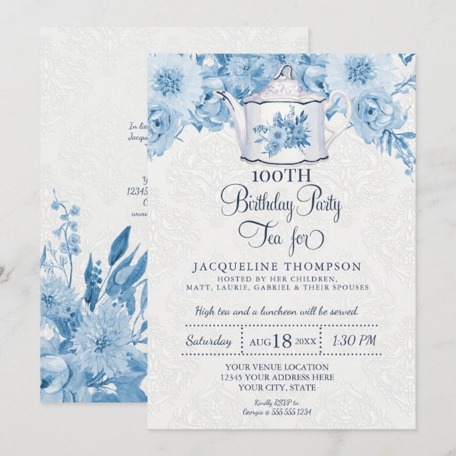 Birthday Tea Party Dusty Blue White Floral Teapot Invitation (Front/Back)