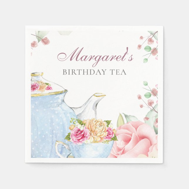 Birthday Tea Party Personalised Floral Napkin (Front)