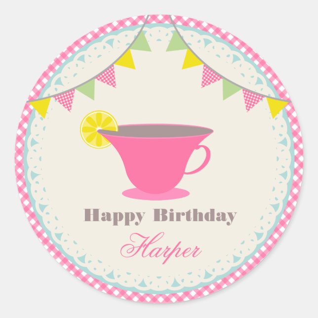 Birthday Tea Party Pink Gingham Classic Round Sticker (Front)