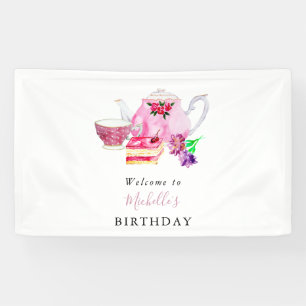 Birthday Tea Party Welcome Watercolor Cute Pink Banner