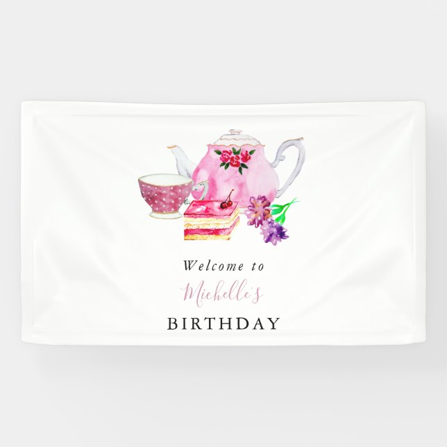 Birthday Tea Party Welcome Watercolor Cute Pink Banner (Horizontal)