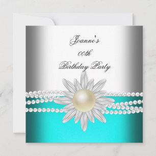 Birthday Teal Blue Aqua White Pearl Flower Invitation
