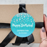 Birthday teal blue green glitter name diamonds classic round sticker<br><div class="desc">Teal,  blue green gradient colored faux glitter with faux diamond sprinkle. With the text: Happy Birthday! Templates for a name and a date. Date of birth or the date of the party/anniversary. White letters.</div>