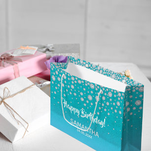 Birthday teal blue green glitter name large gift bag