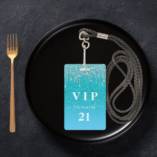 Birthday teal glitter drips blue vip invitation ID badge