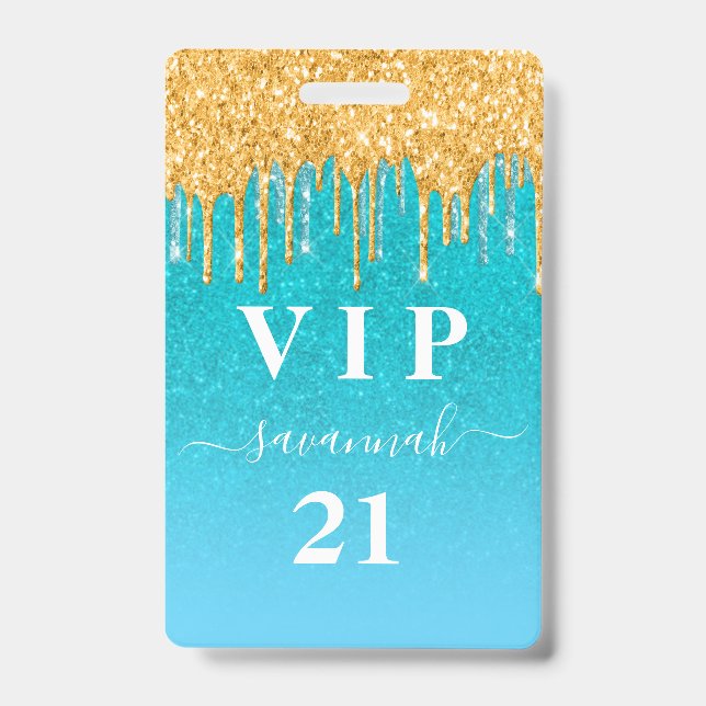 Birthday teal gold glitter blue vip invitation ID badge (Front)