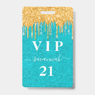 Birthday teal gold glitter drips vip invitation ID badge